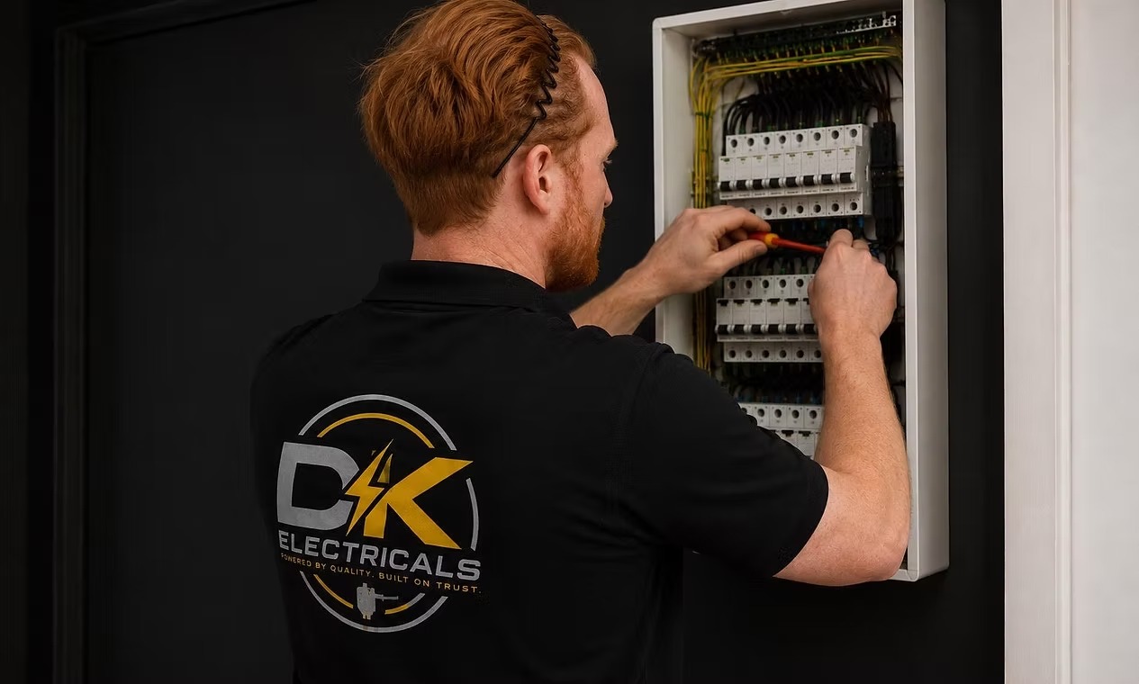 DK Electricals electrician working on a consumer unit